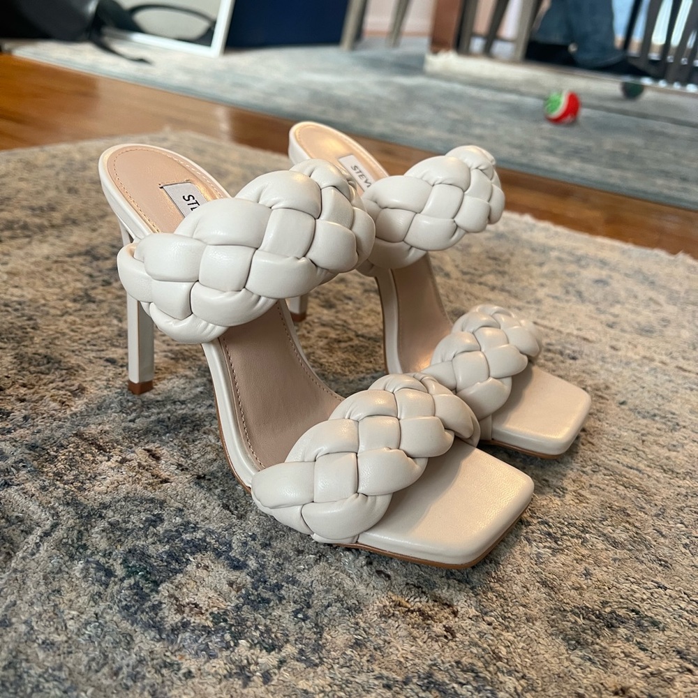 Braided Steve Madden sandal heel 7 cream white neutral